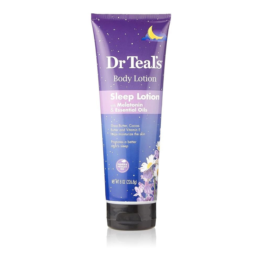 Dr Teal's loción corporal de melatonina, botella visible para uso nocturno y piel suave.