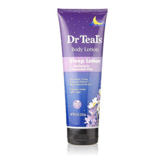 Dr Teal's loción corporal de melatonina, botella visible para uso nocturno y piel suave.