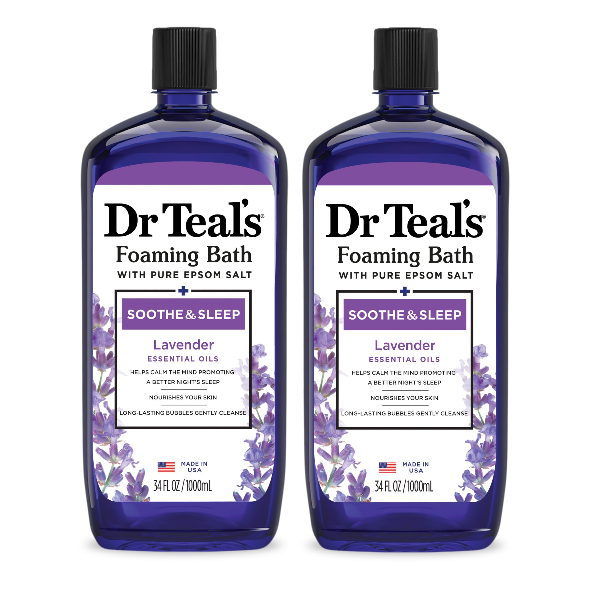 Dr Teal's paquete de dos baños espumosos lavanda para relajación en casa.