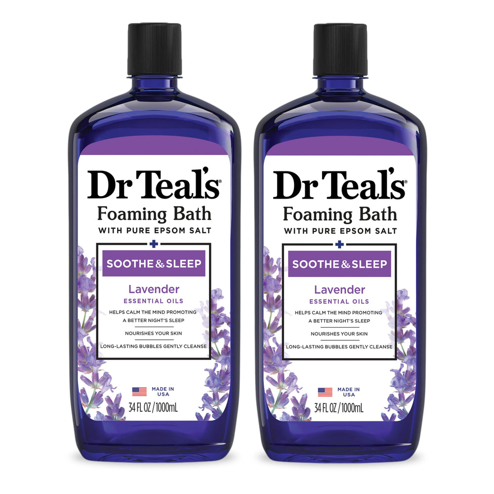 Dr Teal's paquete de dos baños espumosos lavanda para relajación en casa.