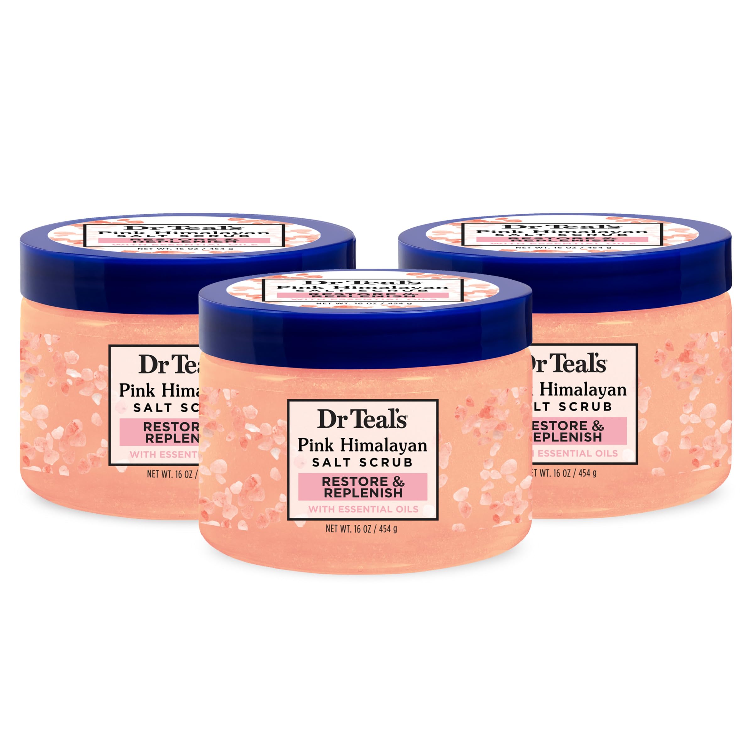 Dr Teal's Pink Himalayan Salt Scrub packaging showing a 3-pack for value
