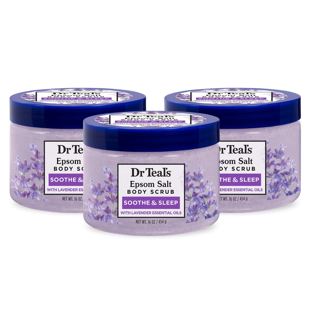 Dr Teal's Pure Epsom Salt Body Scrub lavender pour bottle; calming exfoliation for evenings.