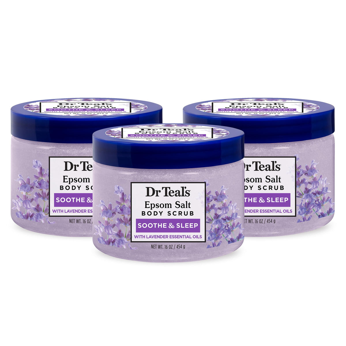 Dr Teal's Pure Epsom Salt Body Scrub lavender pour bottle; calming exfoliation for evenings.