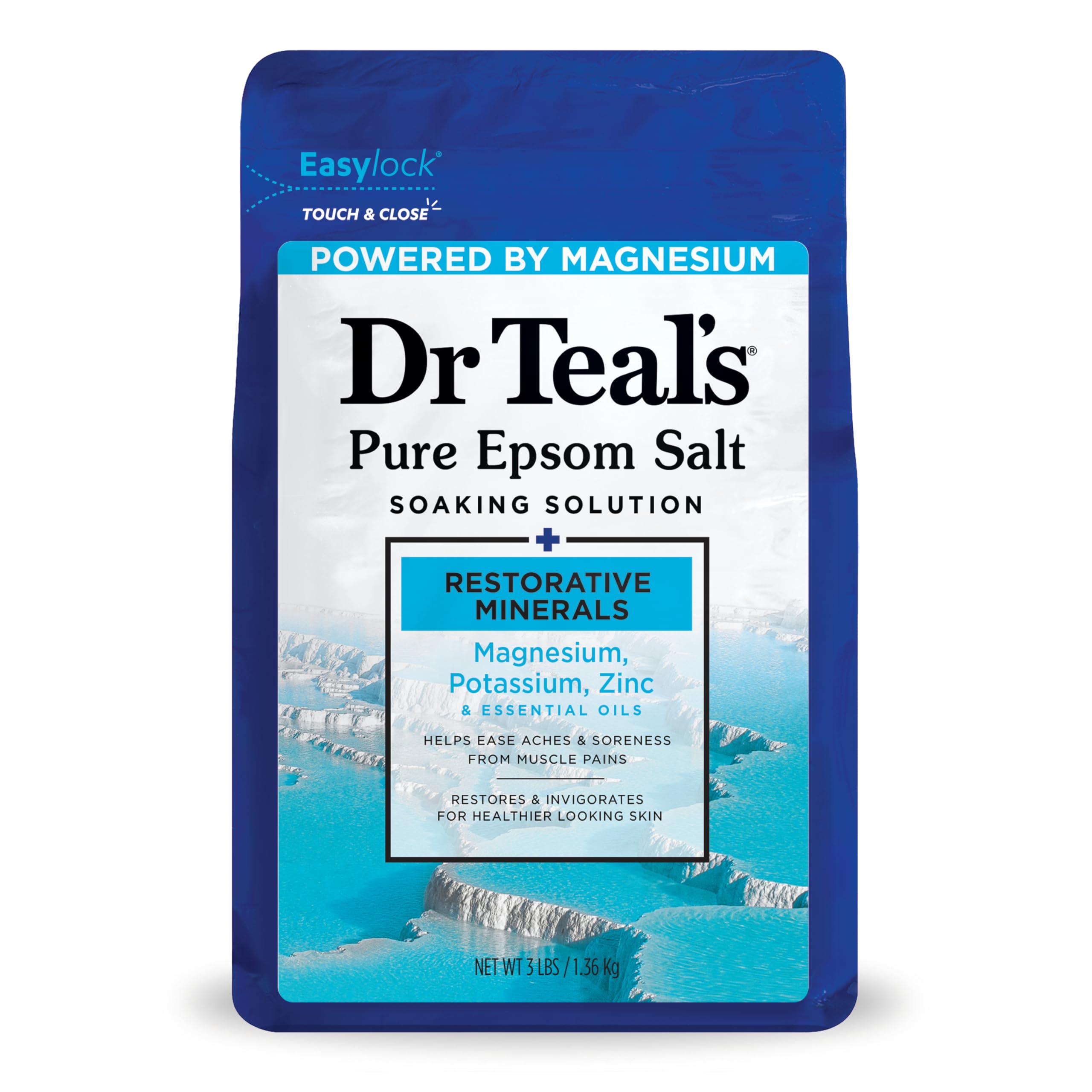 Dr Teal's Pure Epsom Salt bottle front highlighting minerals to help soothe muscles