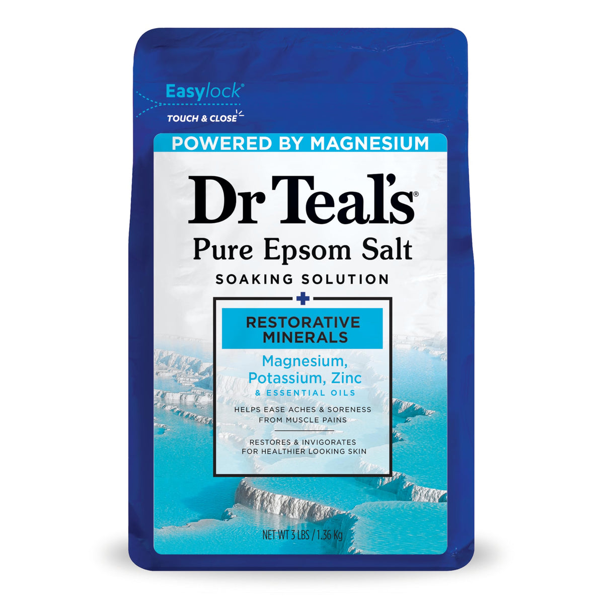 Dr Teal's Pure Epsom Salt bottle front highlighting minerals to help soothe muscles