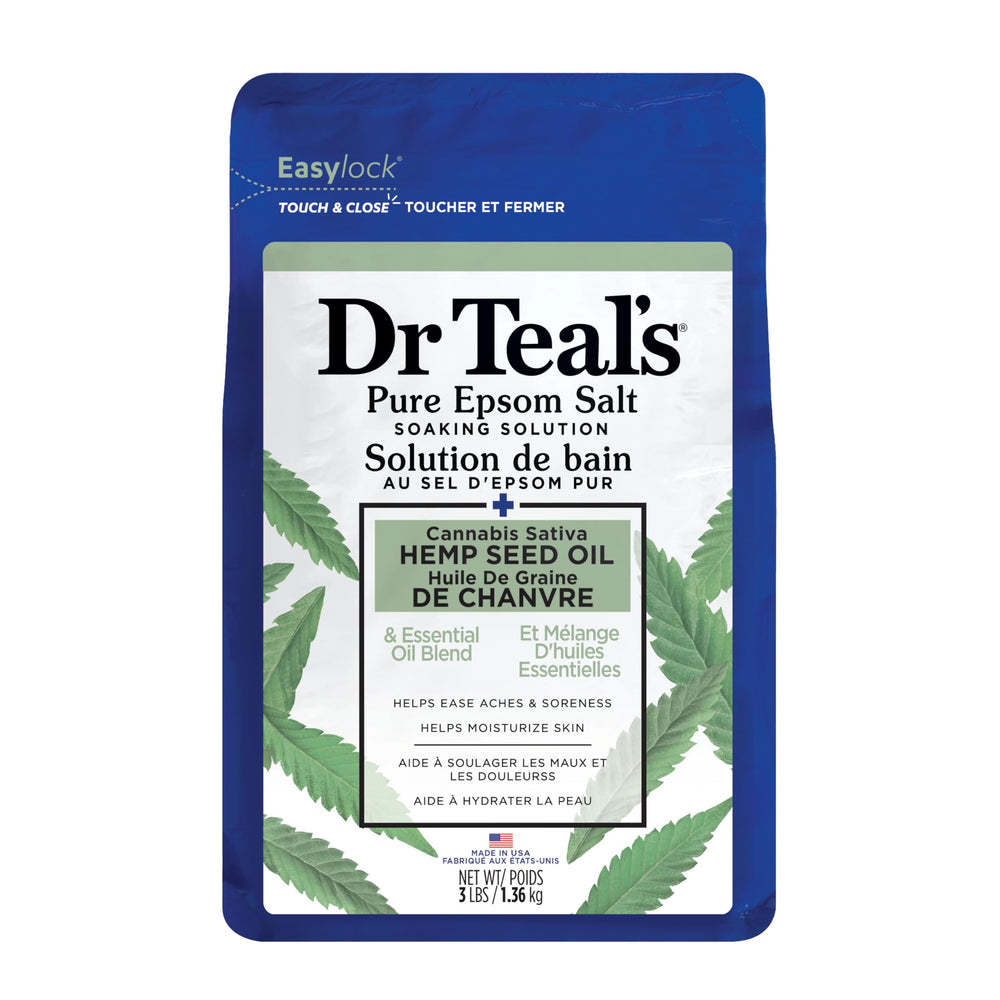 Dr Teal's Pure Epsom Salt Soak bottle with cannabis hemp oil promotes relaxation.