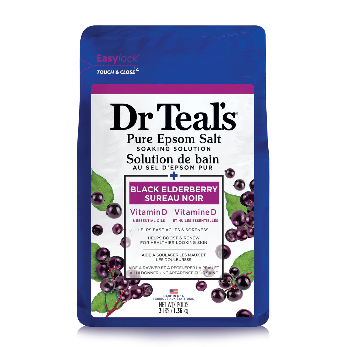 Dr Teal's Pure Epsom Salt Soak Elderberry bottle displaying relaxing aroma.