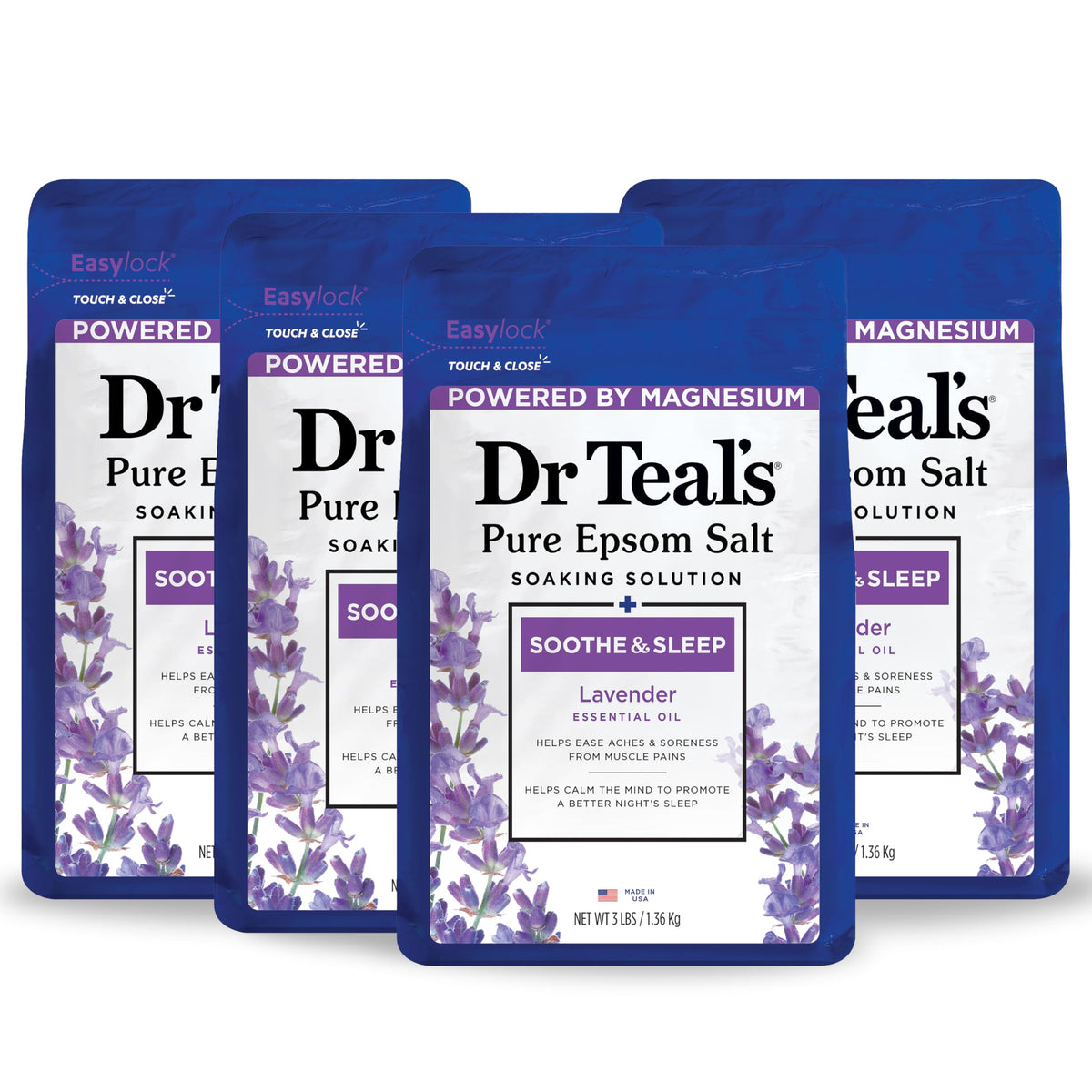 Dr Teal's Pure Epsom Salt Soak lavender bottle for a relaxing, spa-like bath experience.