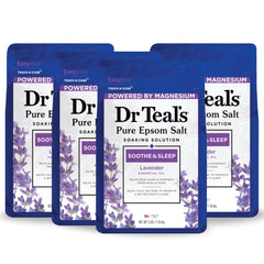 Dr Teal's Pure Epsom Salt Soak lavender bottle for a relaxing, spa-like bath experience.