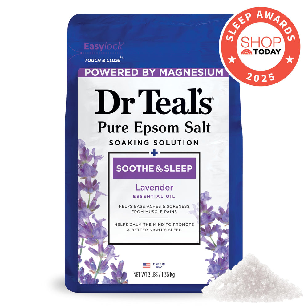 Dr Teal's lavender pour showcases soothing magnesium-based soak for tired muscles.
