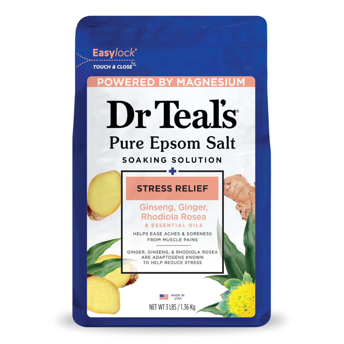 Dr Teal's Pure Epsom Salt bottle shown for stress relief and muscle relaxation.