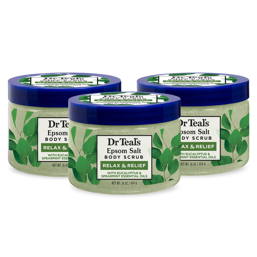 Dr Teal's exfoliante corporal con sales de Epsom, frasco derramando para relajación.