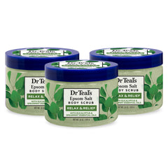 Dr Teal's exfoliante corporal con sales de Epsom, frasco derramando para relajación.