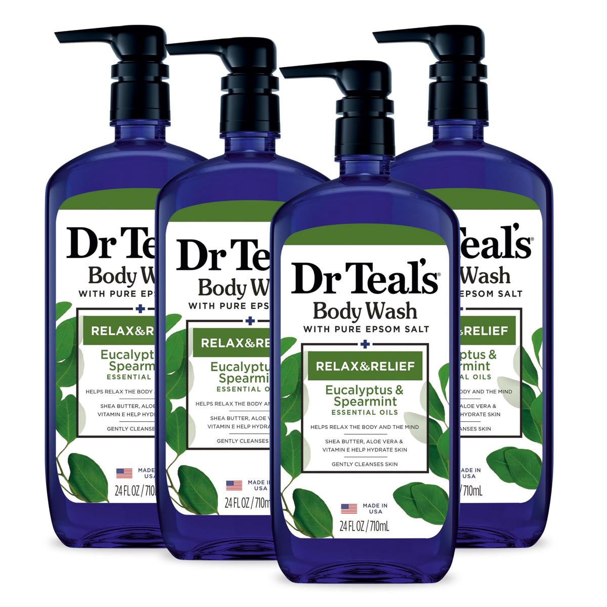 Dr Teal's Relax and Relief body wash bottle with label visible for a refreshing cleanse.