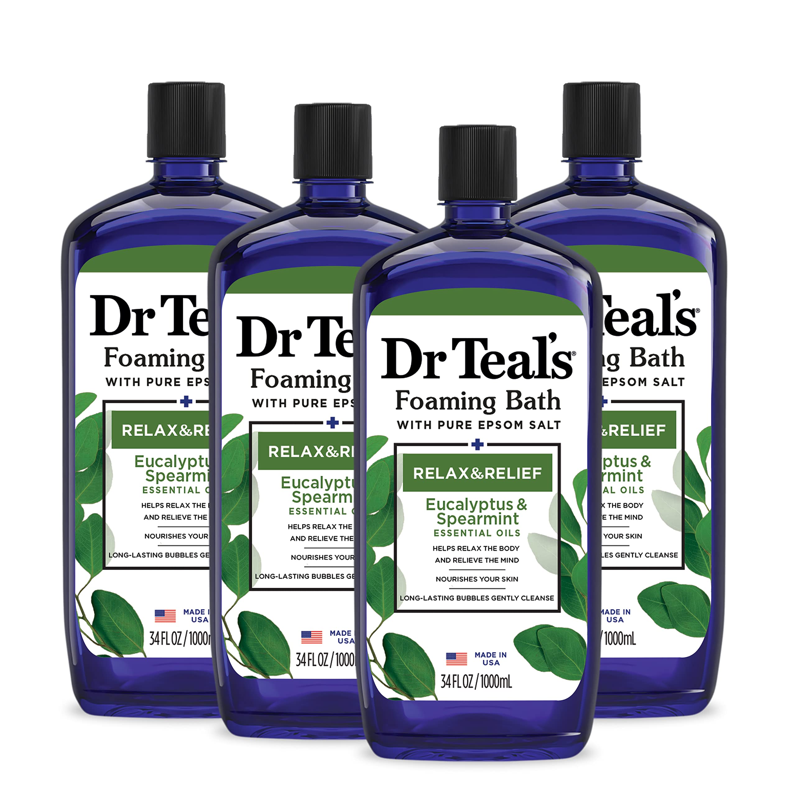 Dr Teal's Relax & Relief foaming bath bottle pouring for a calming soak.
