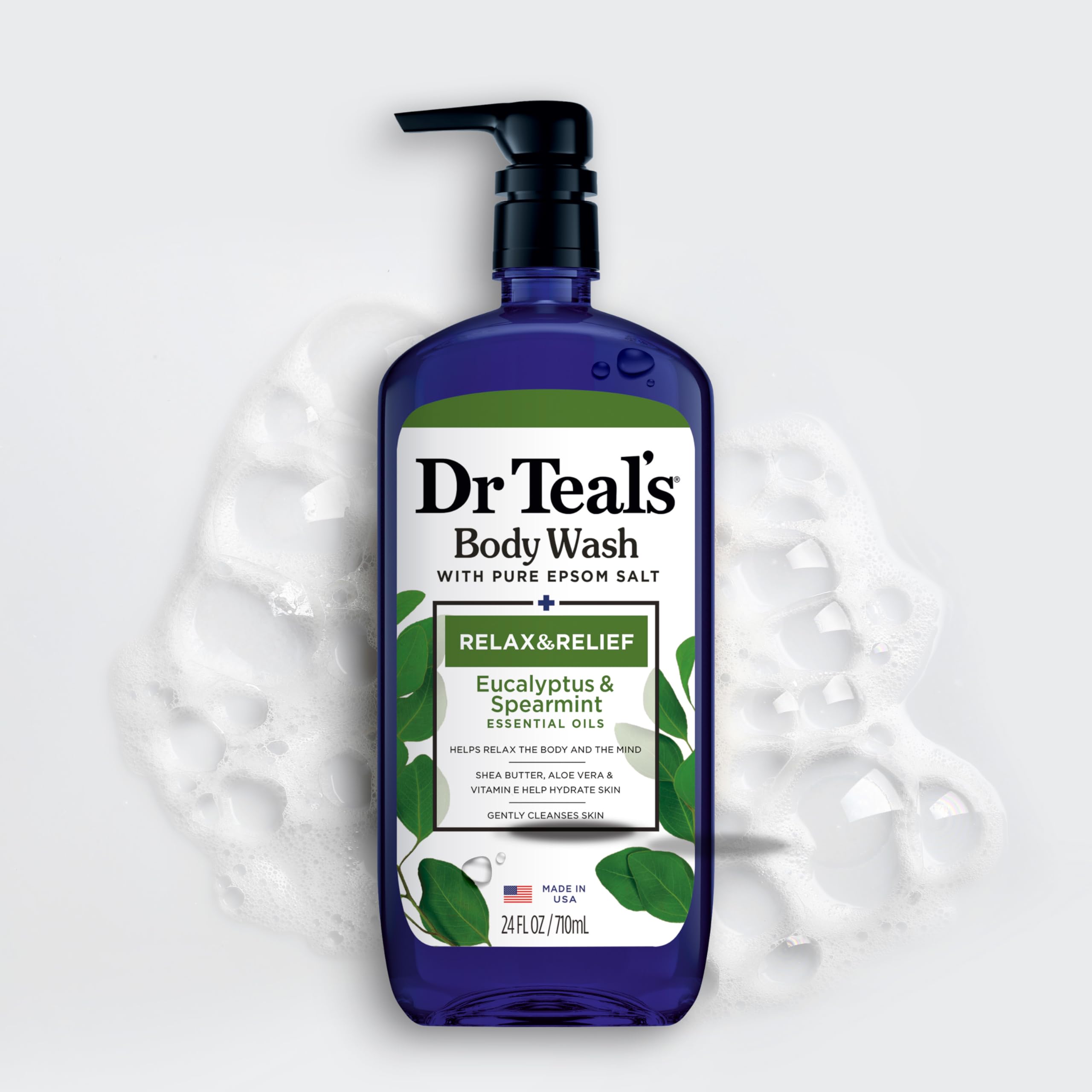 Dr Teal's Relax and Relief hydration visible in a swirled texture.