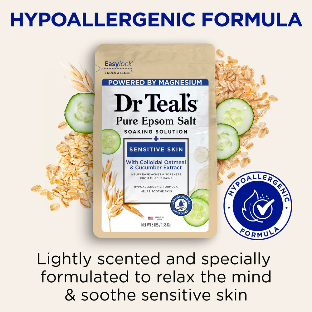 Dr Teal's relaxing bath scene with Sensitive Skin soak conveys spa-like ritual.