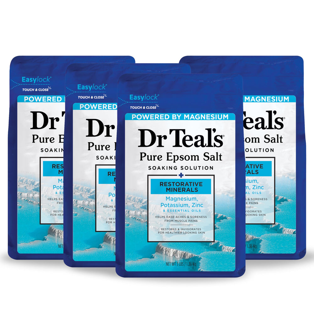 Dr Teal's Restorative Minerals bottle with magnesium-based soak for muscle relaxation.