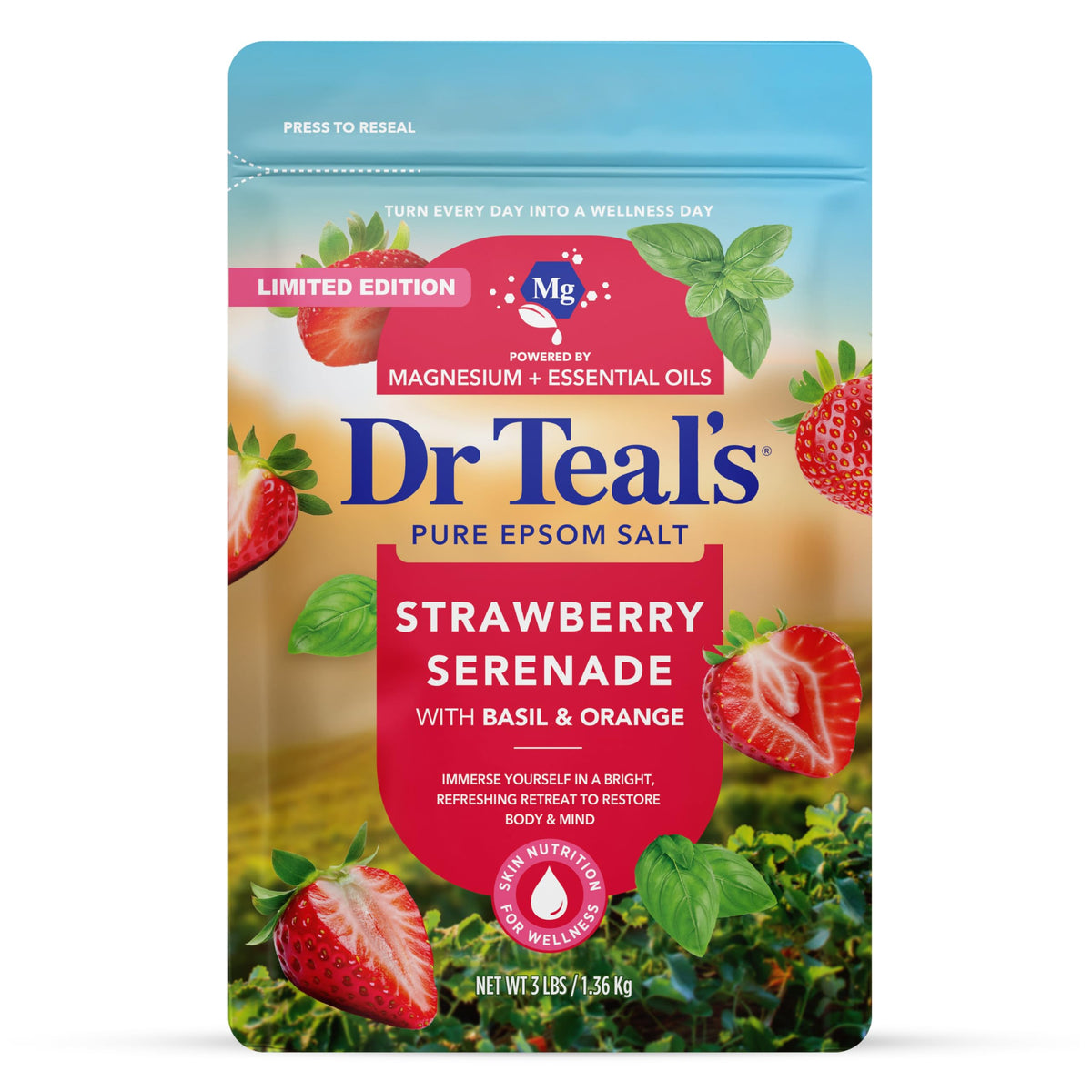 Dr Teal's Strawberry Serenade en bolsa, lista para relajación en baño