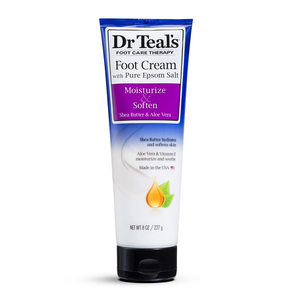 Dr Teal's Shea Butter and Aloe foot cream application softens rough skin.