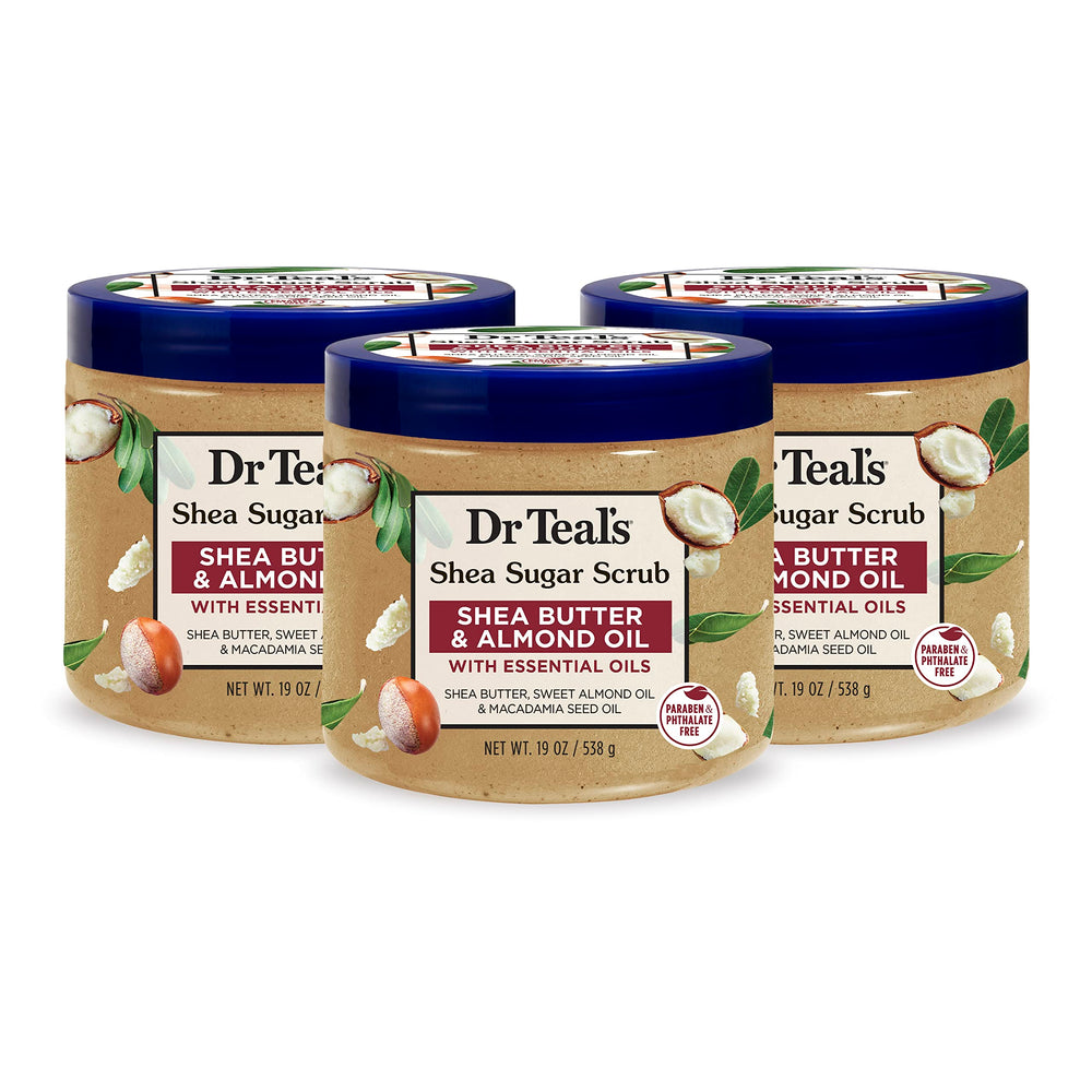 Dr Teal's Shea Sugar Body Scrub bottle with creamy formula for gentle exfoliation and hydration.