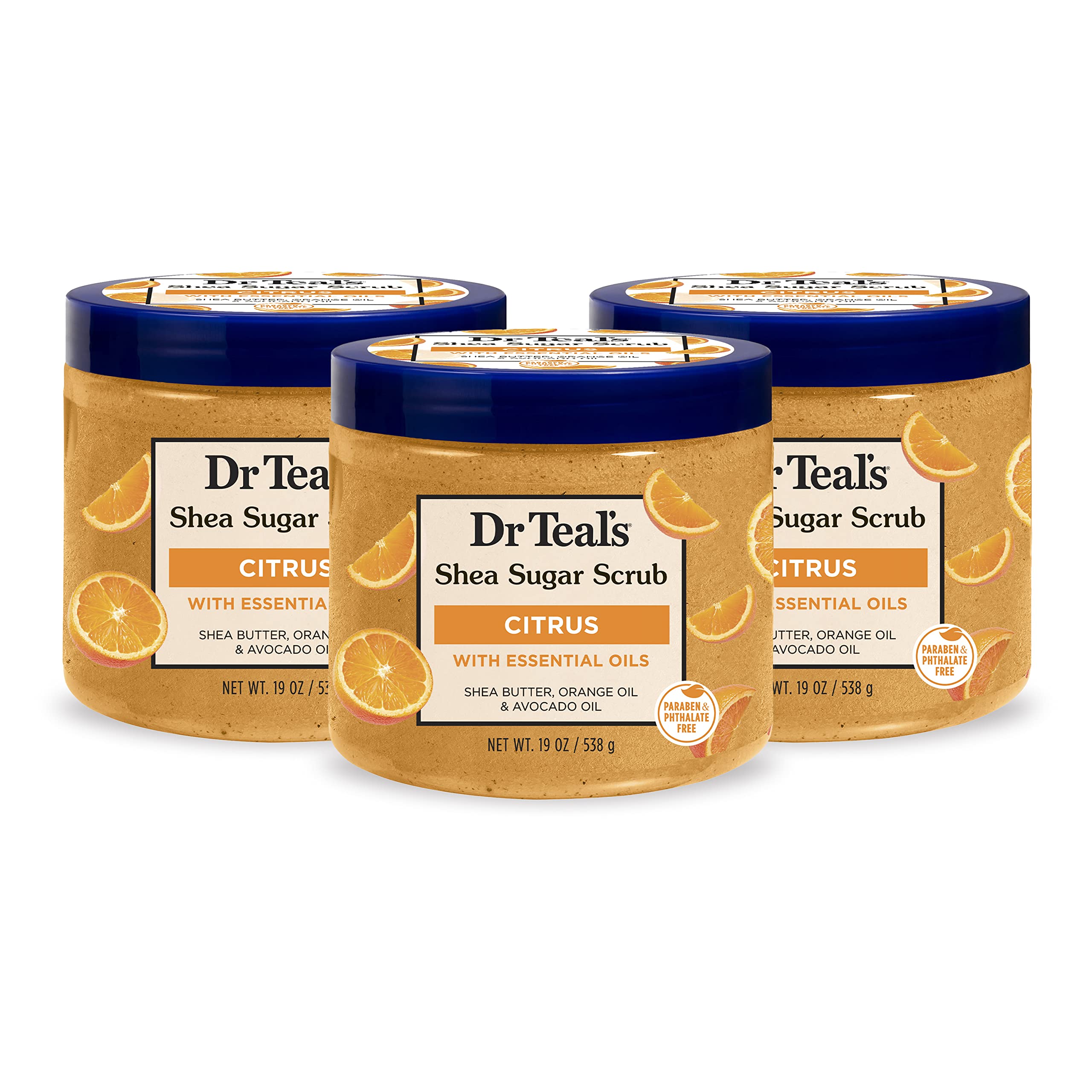 Dr Teal's Citrus Shea Sugar Scrub jar close-up showing texture for exfoliation.