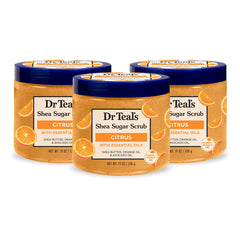 Dr Teal's Citrus Shea Sugar Scrub jar close-up showing texture for exfoliation.
