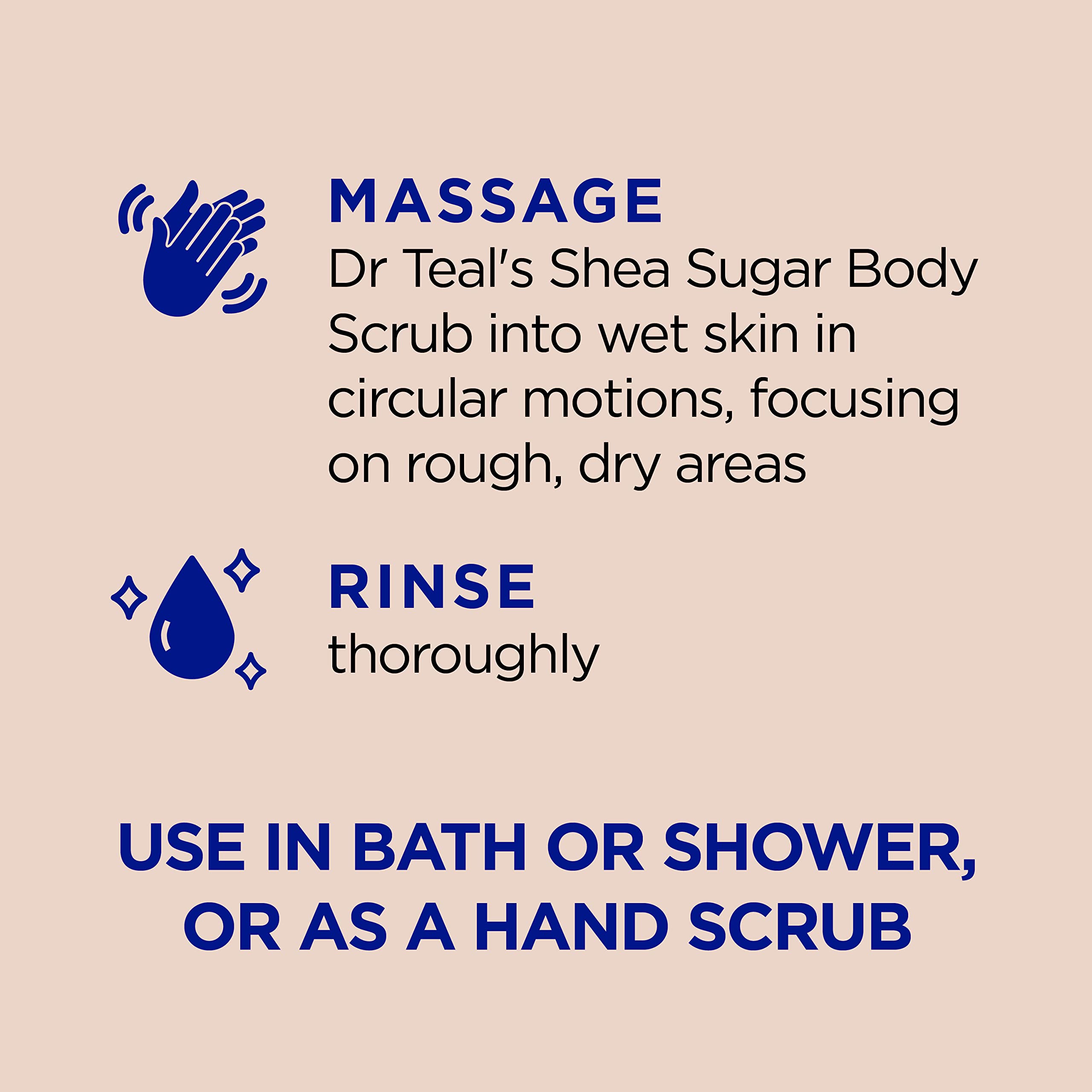 Dr Teal's Shea Sugar Body Scrub cream texture closeup emphasizes moisturizing feel.