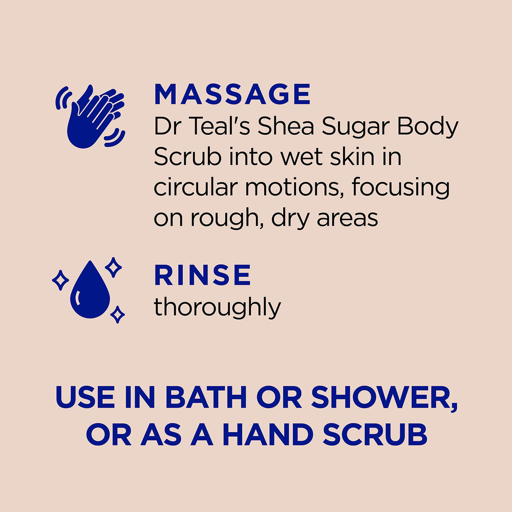 Dr Teal's Shea Sugar Body Scrub cream texture closeup emphasizes moisturizing feel.