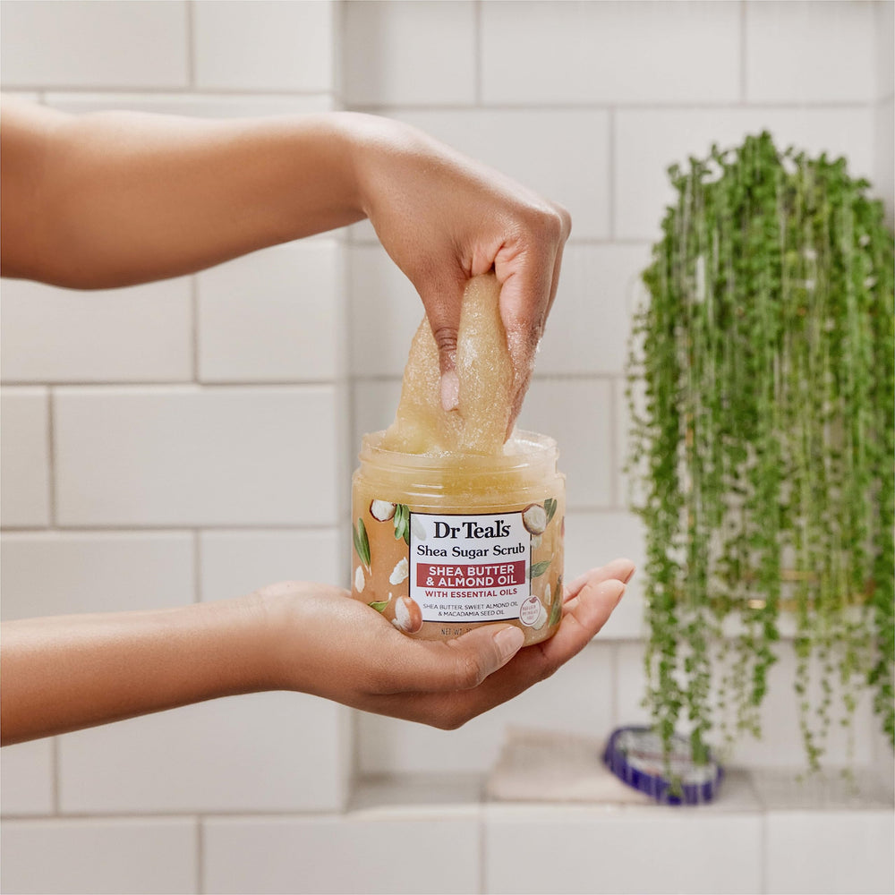 Dr Teal's Shea Sugar Body Scrub label closeup signals paraben-free vegan credentials.