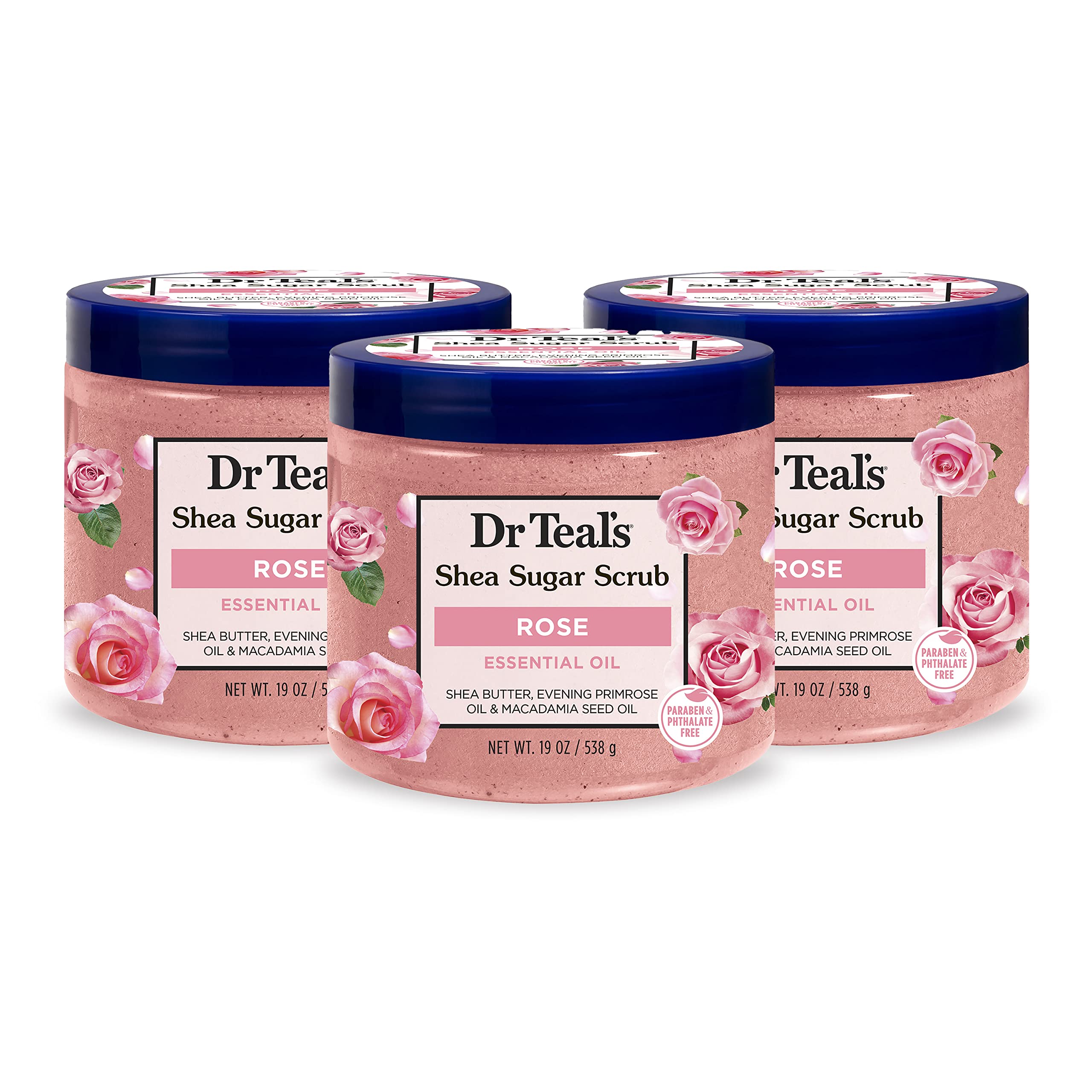 Dr Teal's Rose Shea Sugar Body Scrub pack3 front label clearly showing the vegan formula