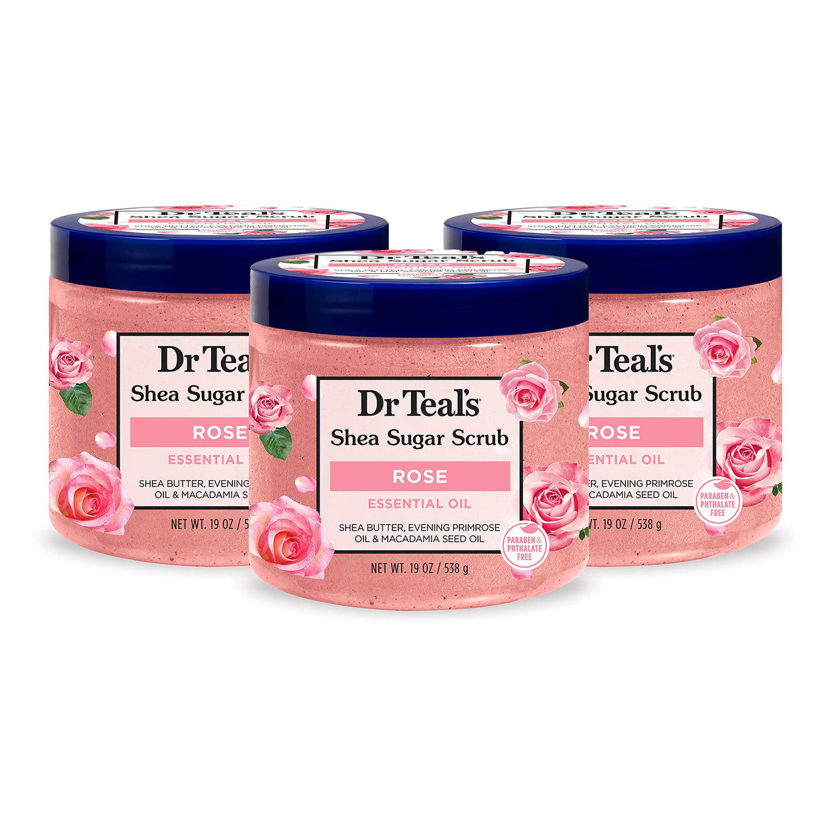 Dr Teal's Rose Shea Sugar Body Scrub pack3 front label clearly showing the vegan formula