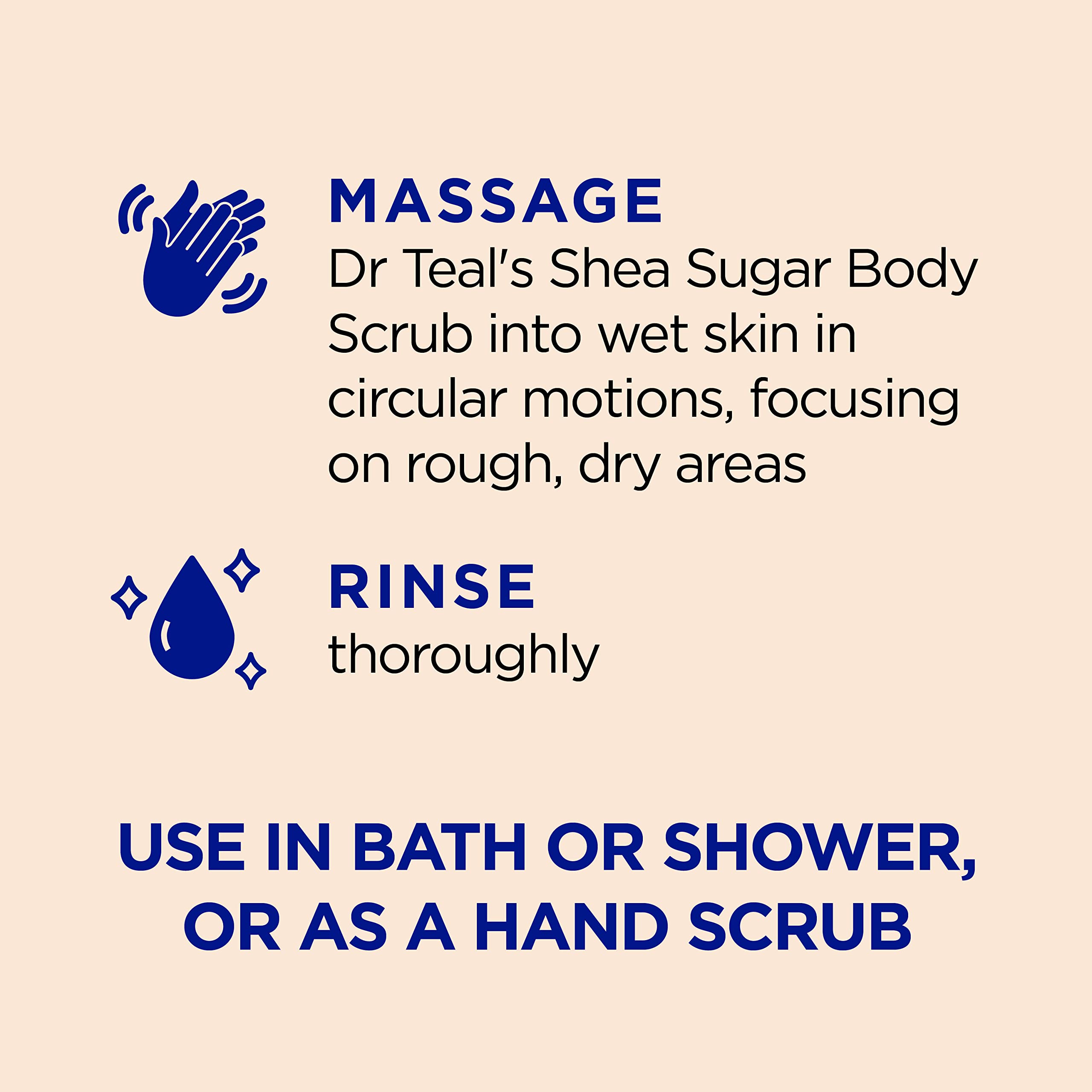Dr Teal's Citrus Shea Sugar Scrub scoop reveals creamy texture for exfoliation.