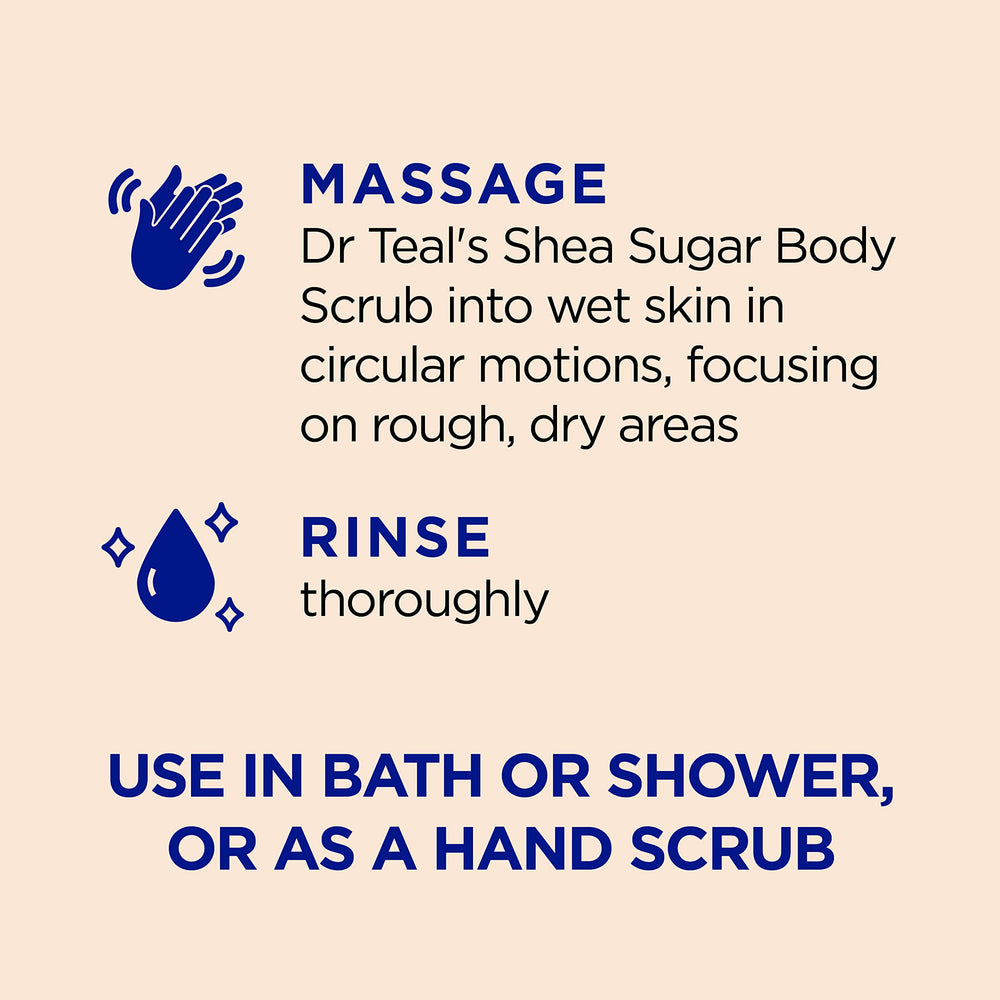 Dr Teal's Citrus Shea Sugar Scrub scoop reveals creamy texture for exfoliation.