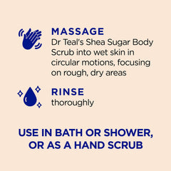 Dr Teal's Citrus Shea Sugar Scrub scoop reveals creamy texture for exfoliation.