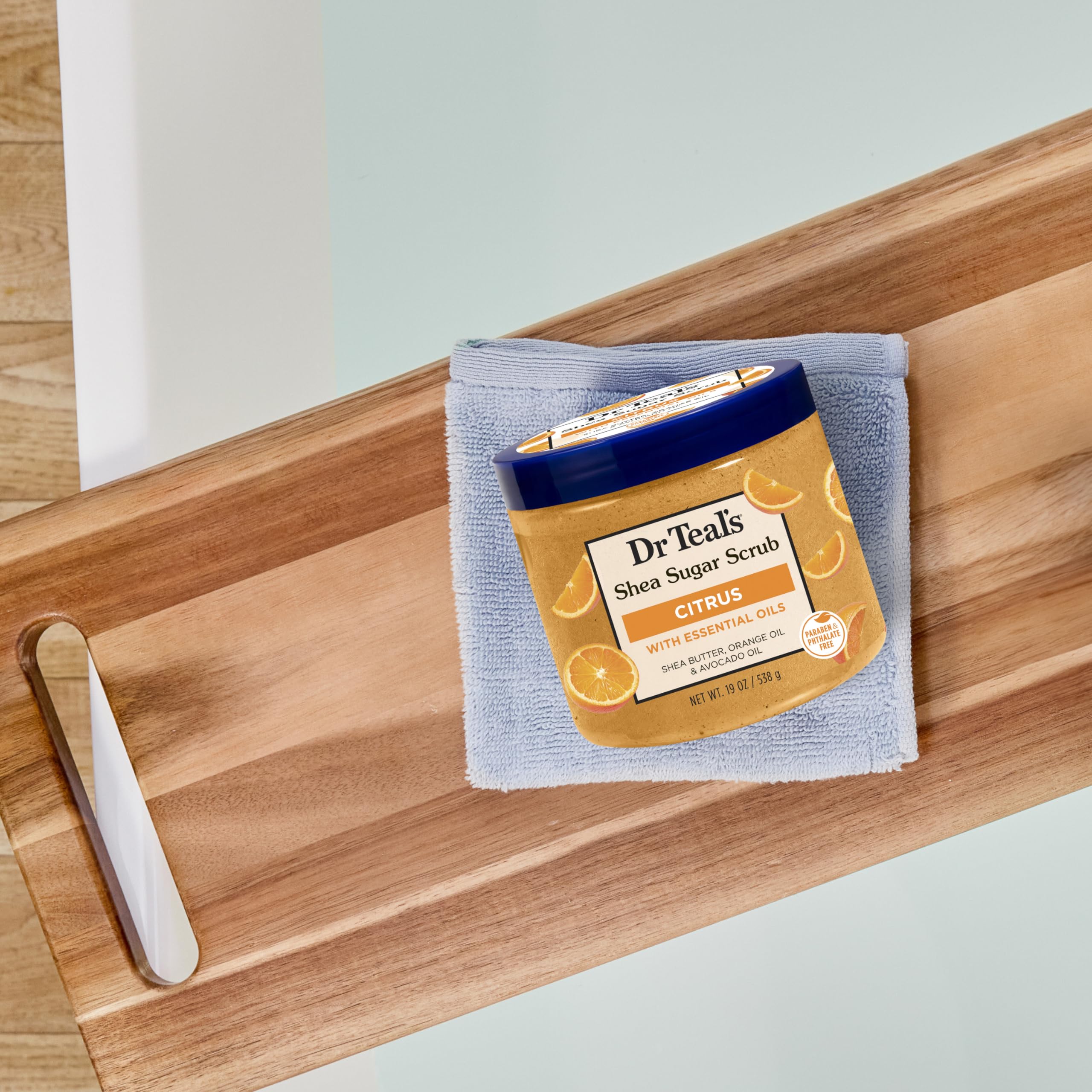 Dr Teal's Shea Sugar Scrub shows shea butter and avocado oil for moisture.