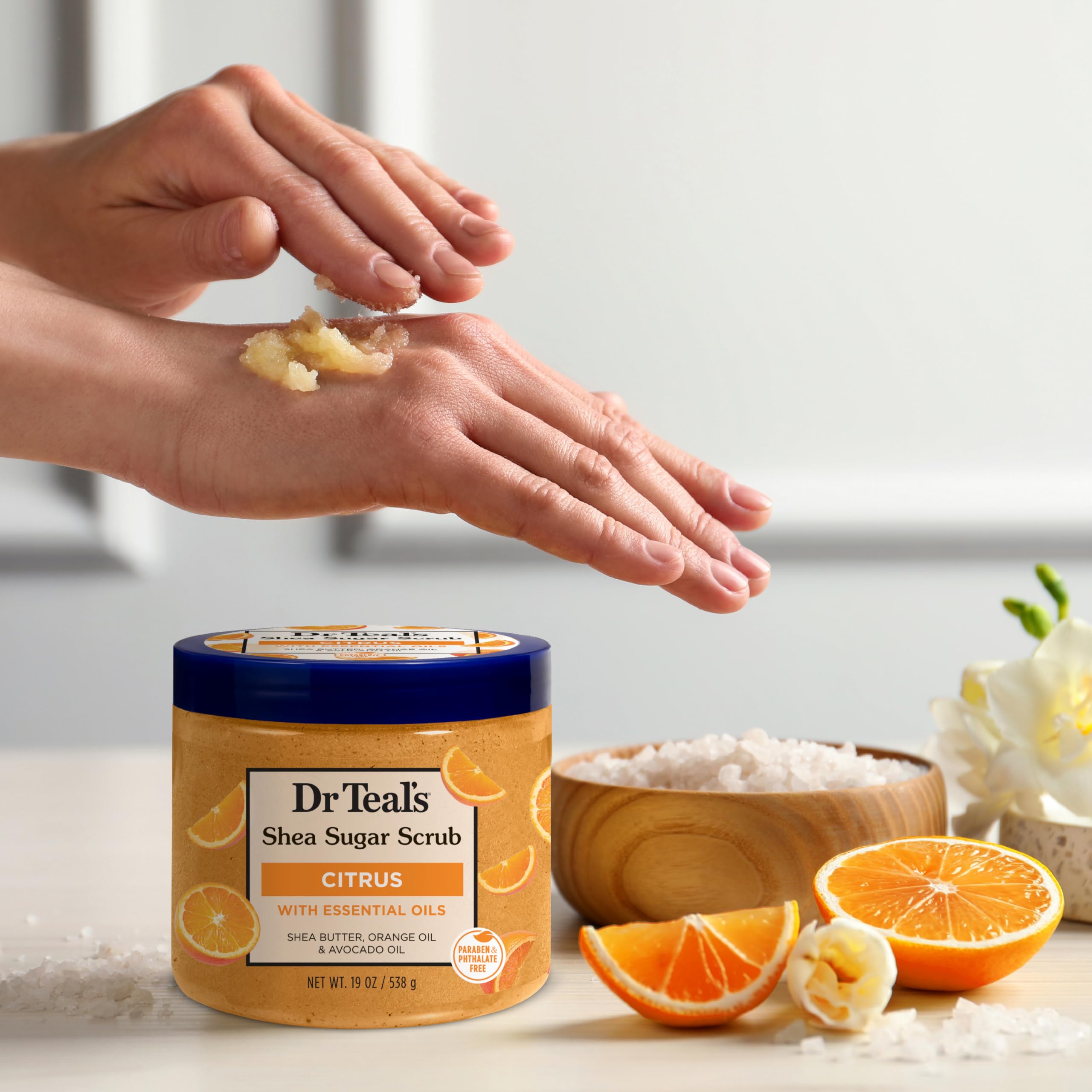 Dr Teal's Citrus Scrub in shower scene for a bright morning routine.