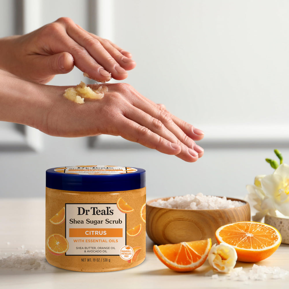 Dr Teal's Citrus Scrub in shower scene for a bright morning routine.