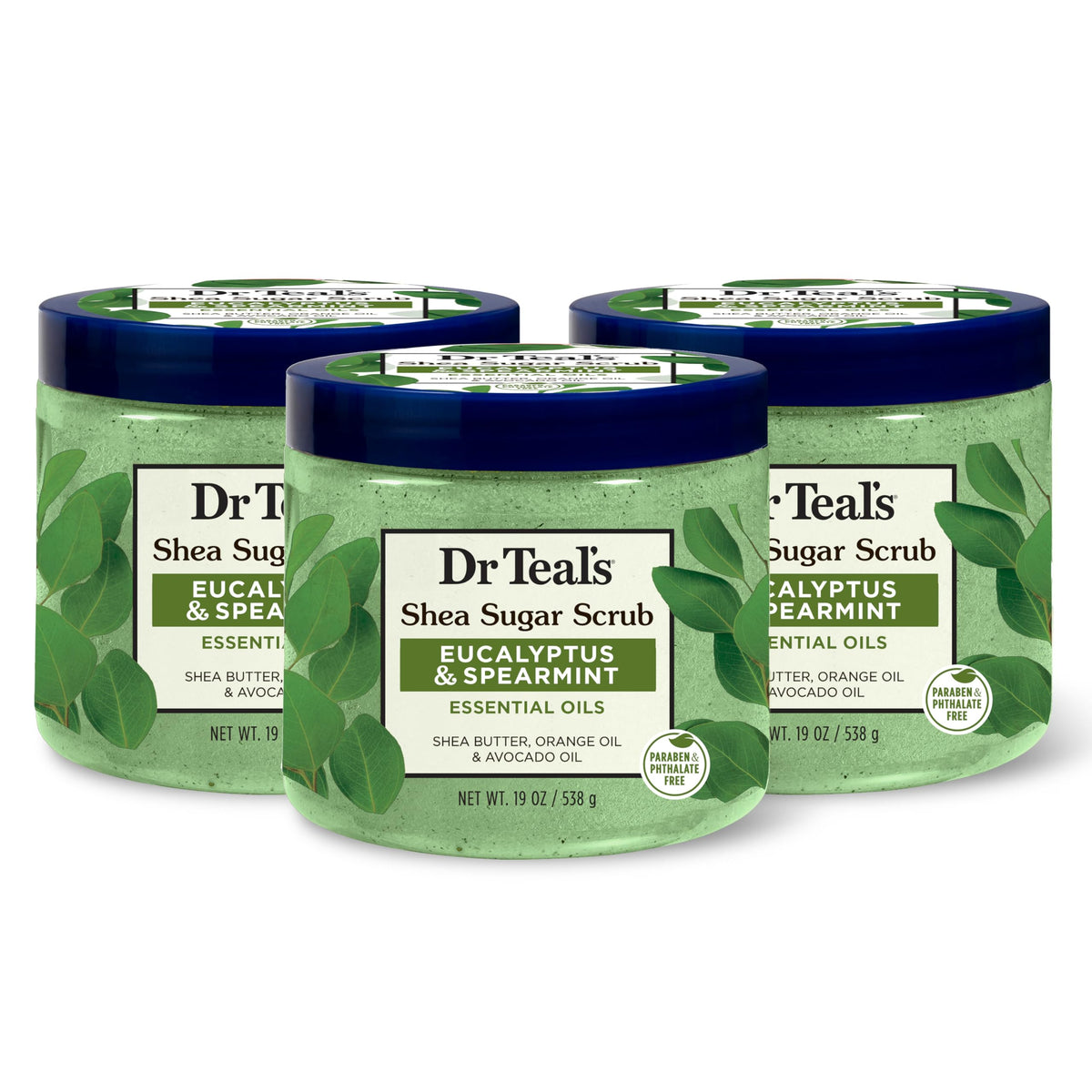 Dr Teal's Shea Sugar Scrub with eucalyptus spearmint for refreshing exfoliation and hydration.