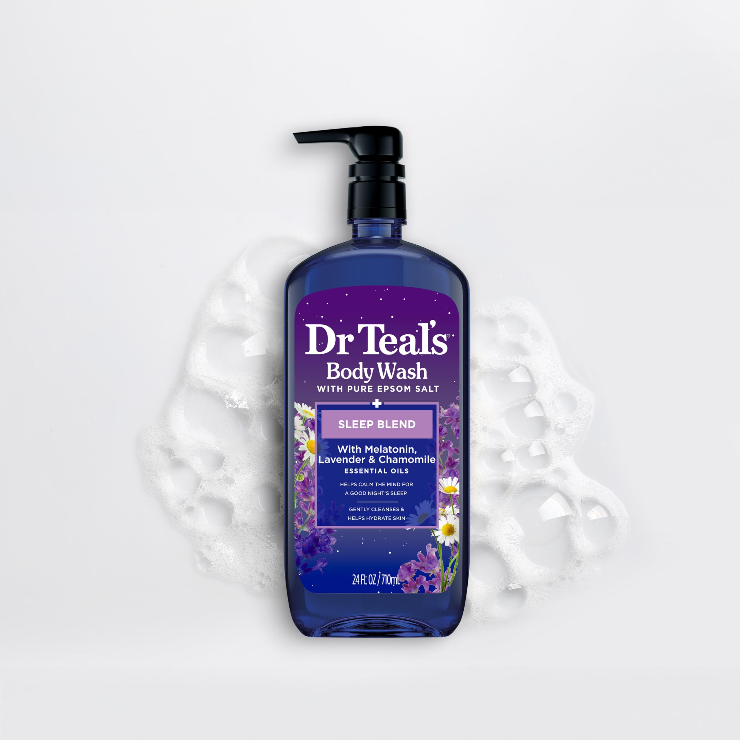 Espuma suave de Dr Teal's Sleep Blend limpia sin irritar.