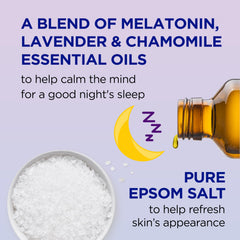 Dr Teal's Sleep Blend bottle label closeup highlighting melatonin and lavender notes.