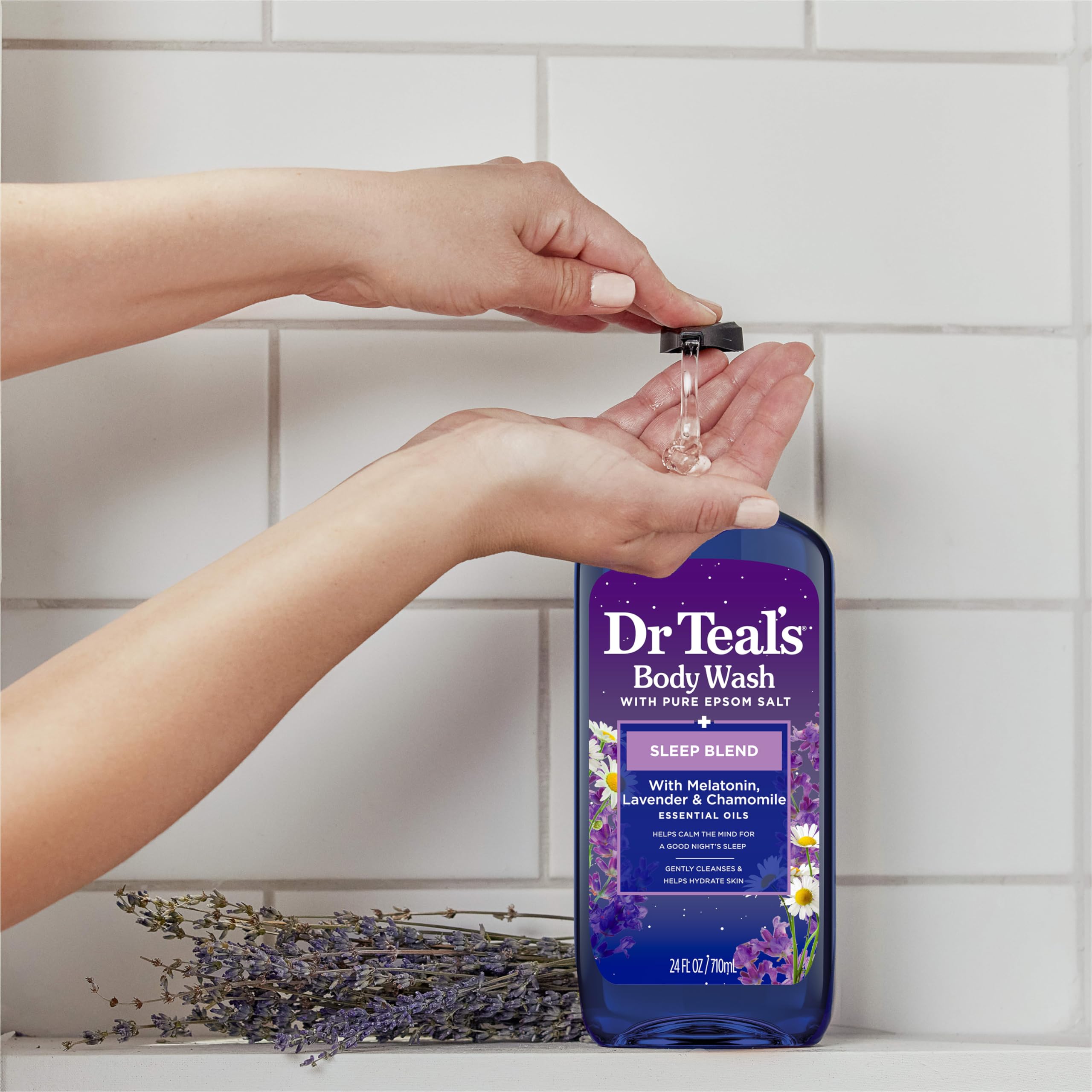 Dr Teal's Sleep Blend con lavanda y manzanilla para un aroma relajante.