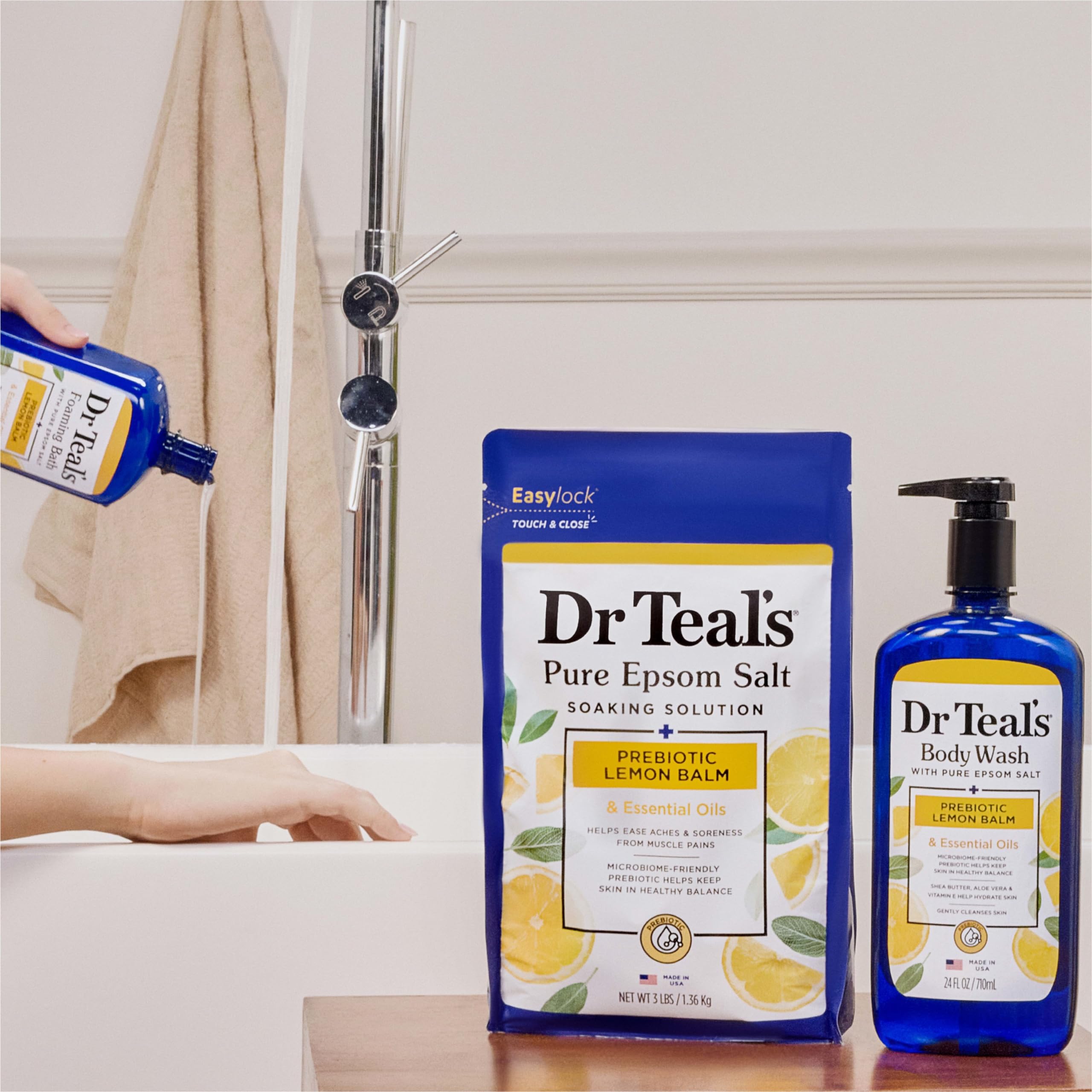Dr Teal's sore muscle-soothing soak helps unwind after activity.