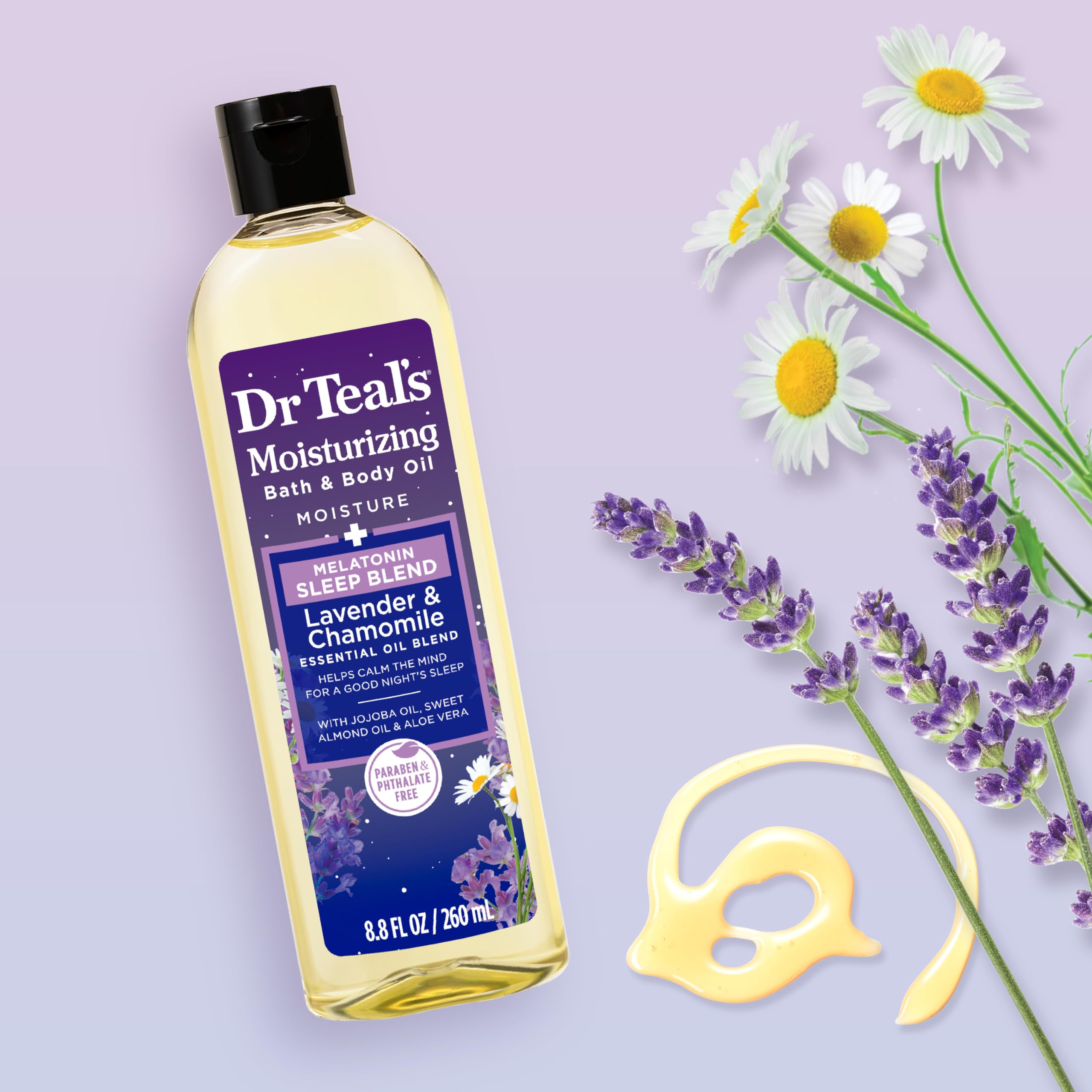 Dr Teal's textura ligera, enfoque en la botella, hidratación rápida sin grasa.