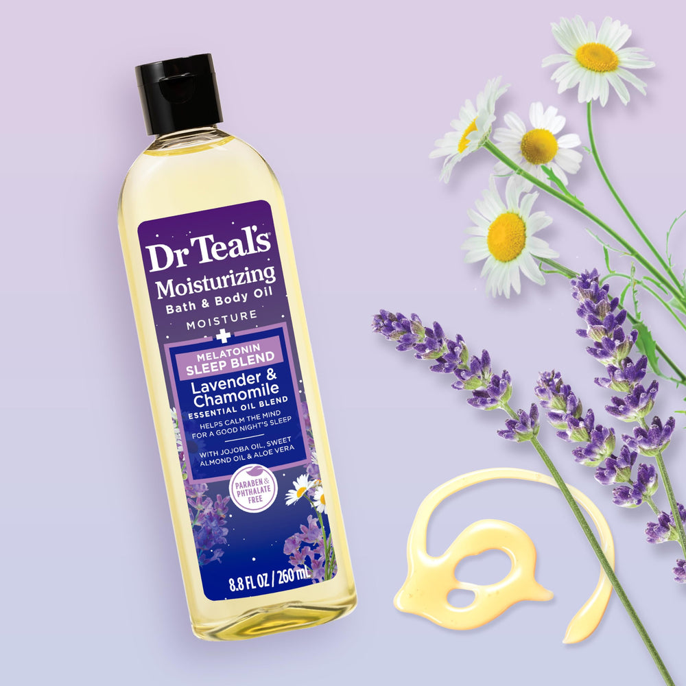 Dr Teal's textura ligera, enfoque en la botella, hidratación rápida sin grasa.