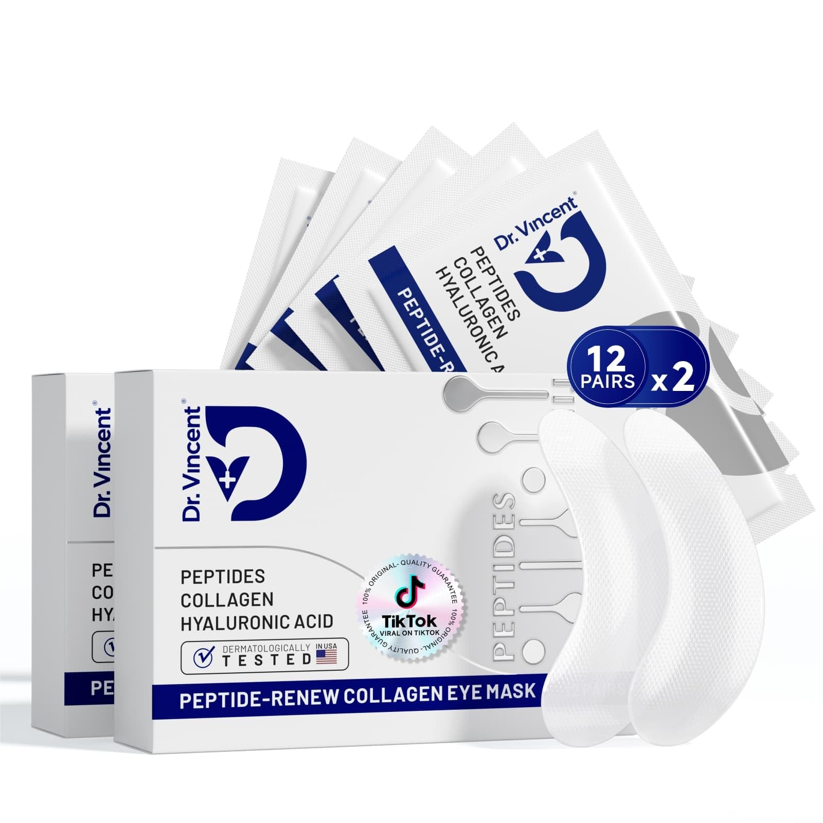 Dr Vincent peptide under-eye patches packaging showcases premium care and soothing promise.