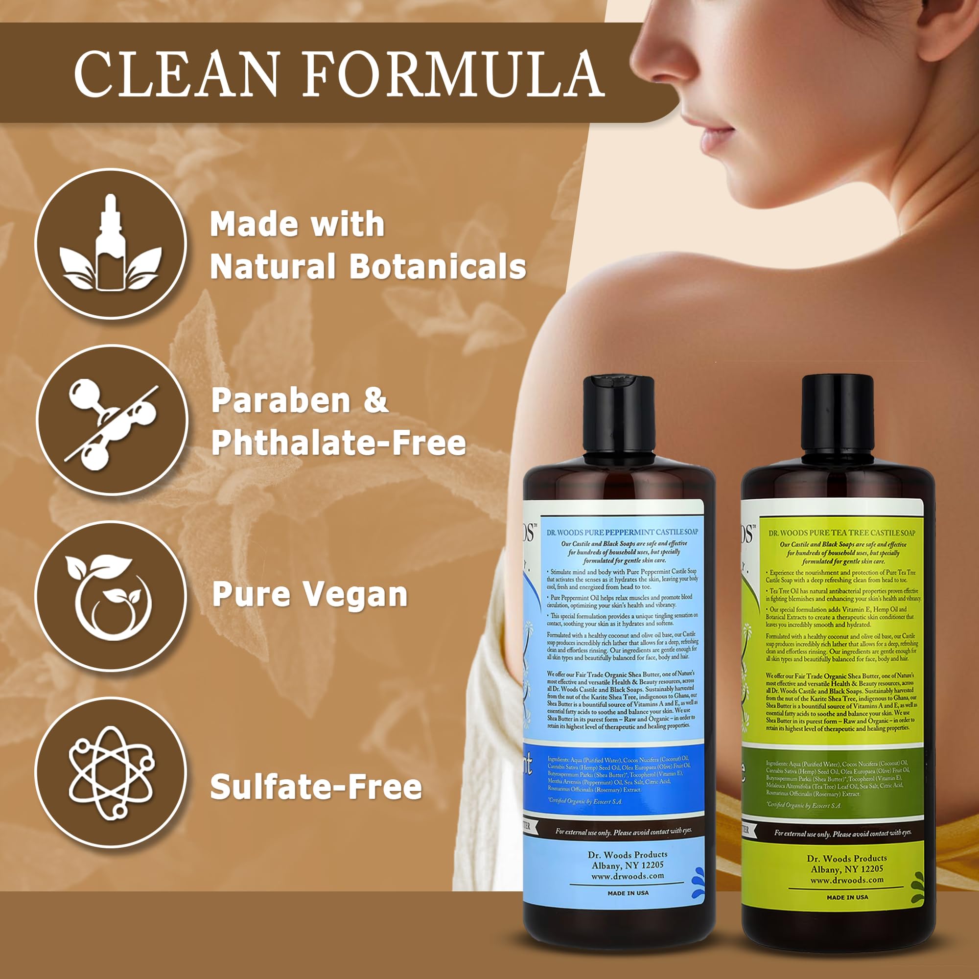 Dr. Woods versatile cleanser image demonstrates cleansing the face, hands, and body.