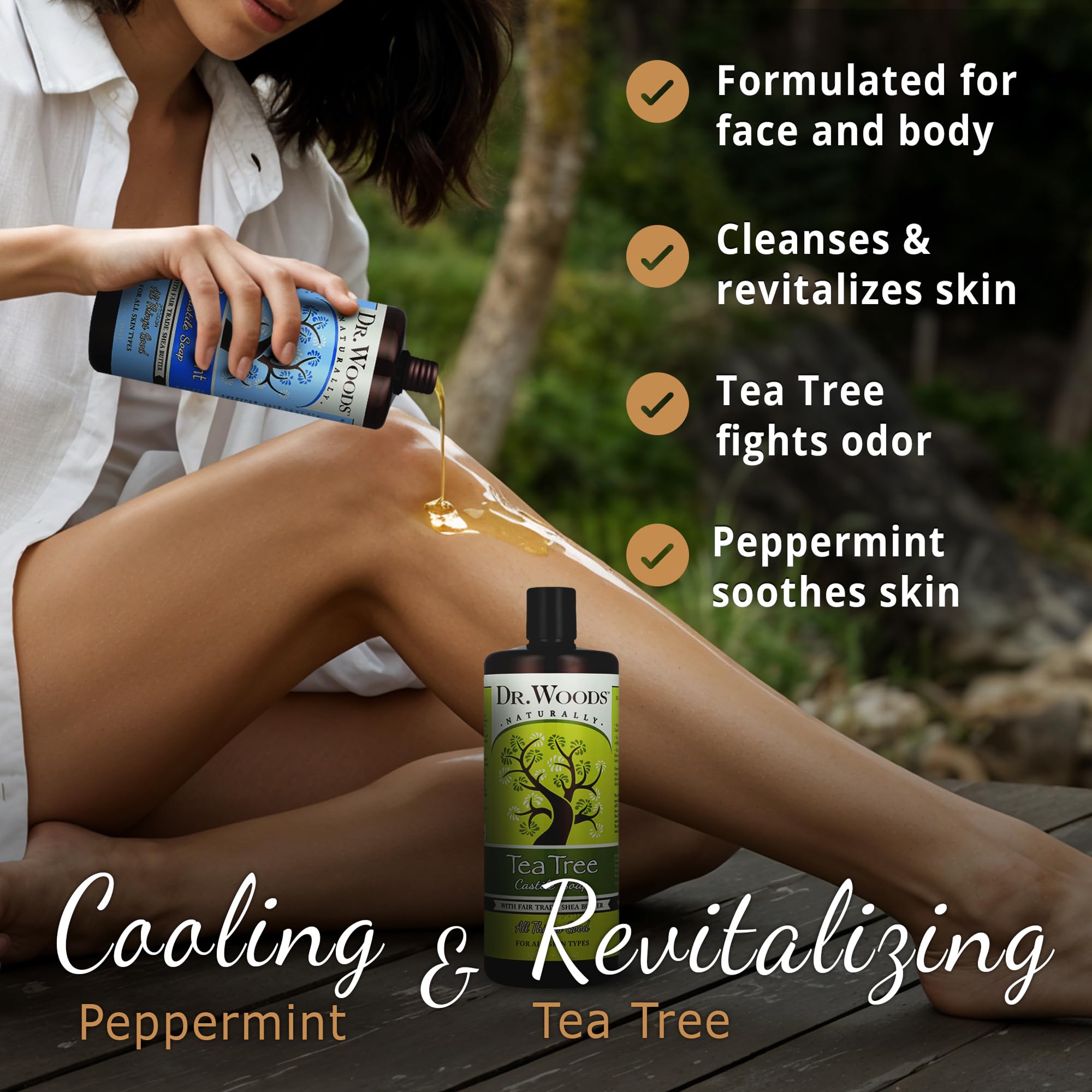 Dr. Woods Castile Soap peppermint foam highlights rich lather and easy rinse.
