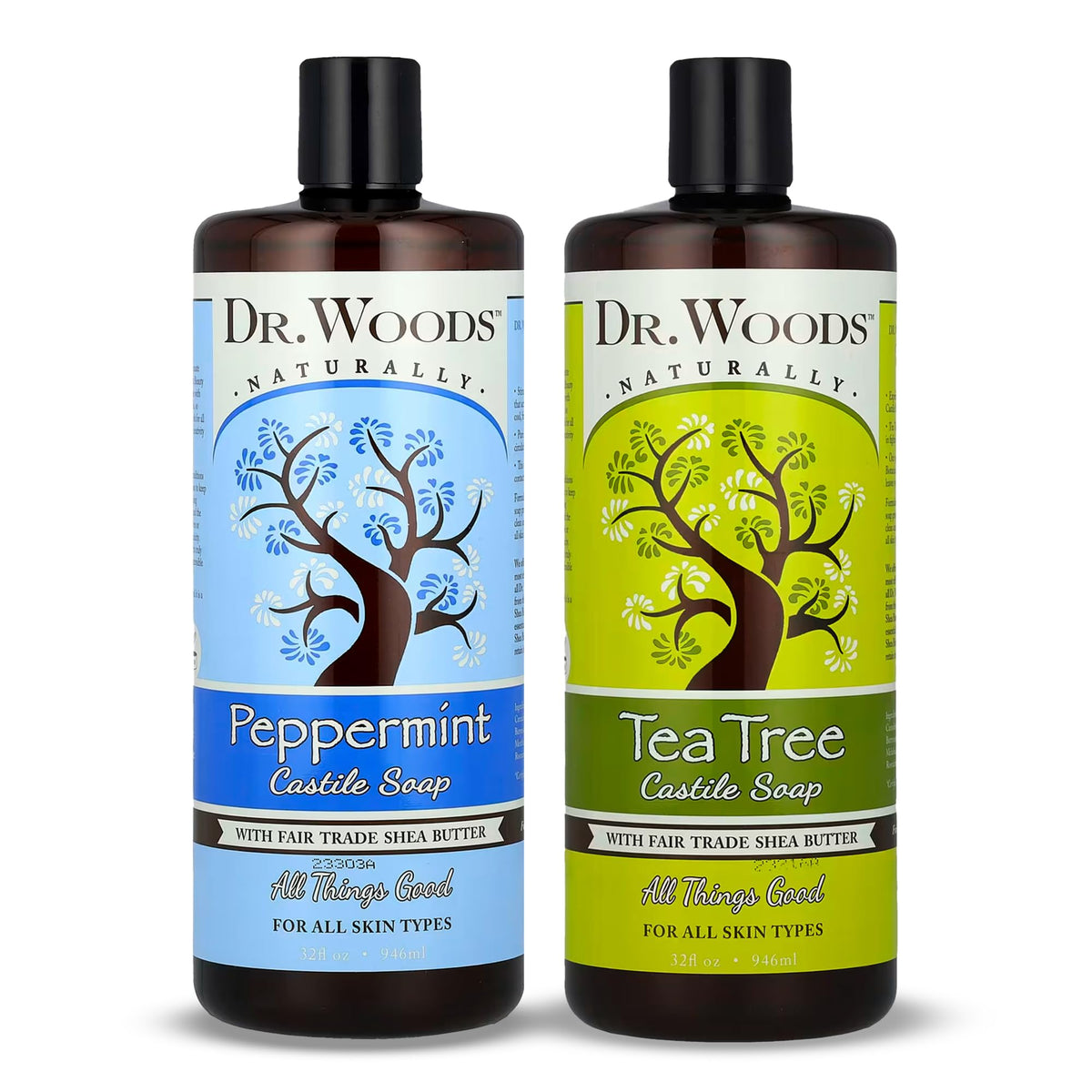 Dr. Woods Liquid Castile Soap tea tree bottle offers refreshing cleanse for skin.