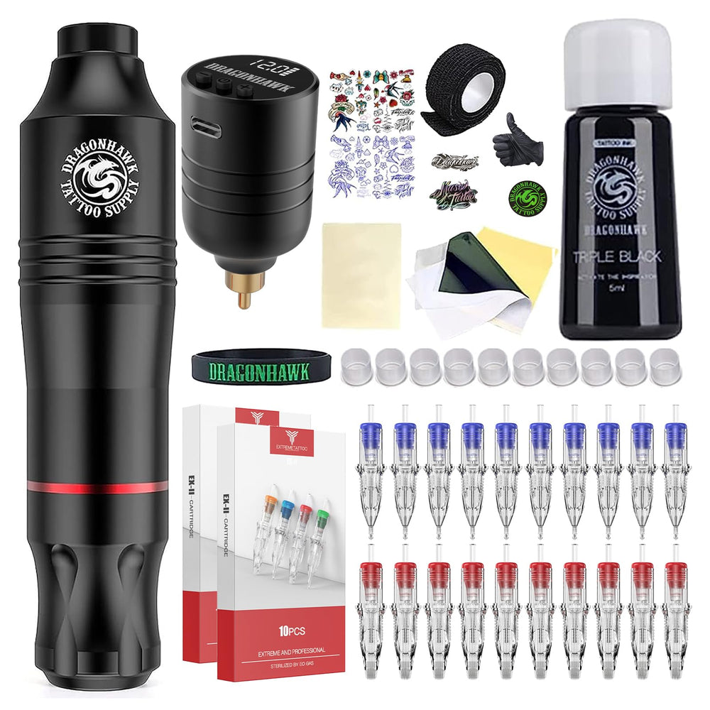 Dragonhawk Atom Wireless Tattoo Pen Kit ready for beginner use, ideal for lining and shading